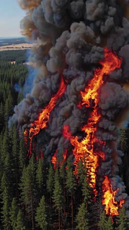 Aerial video captures a dramatic view of a forest fire, with towering flames and thick smoke rising