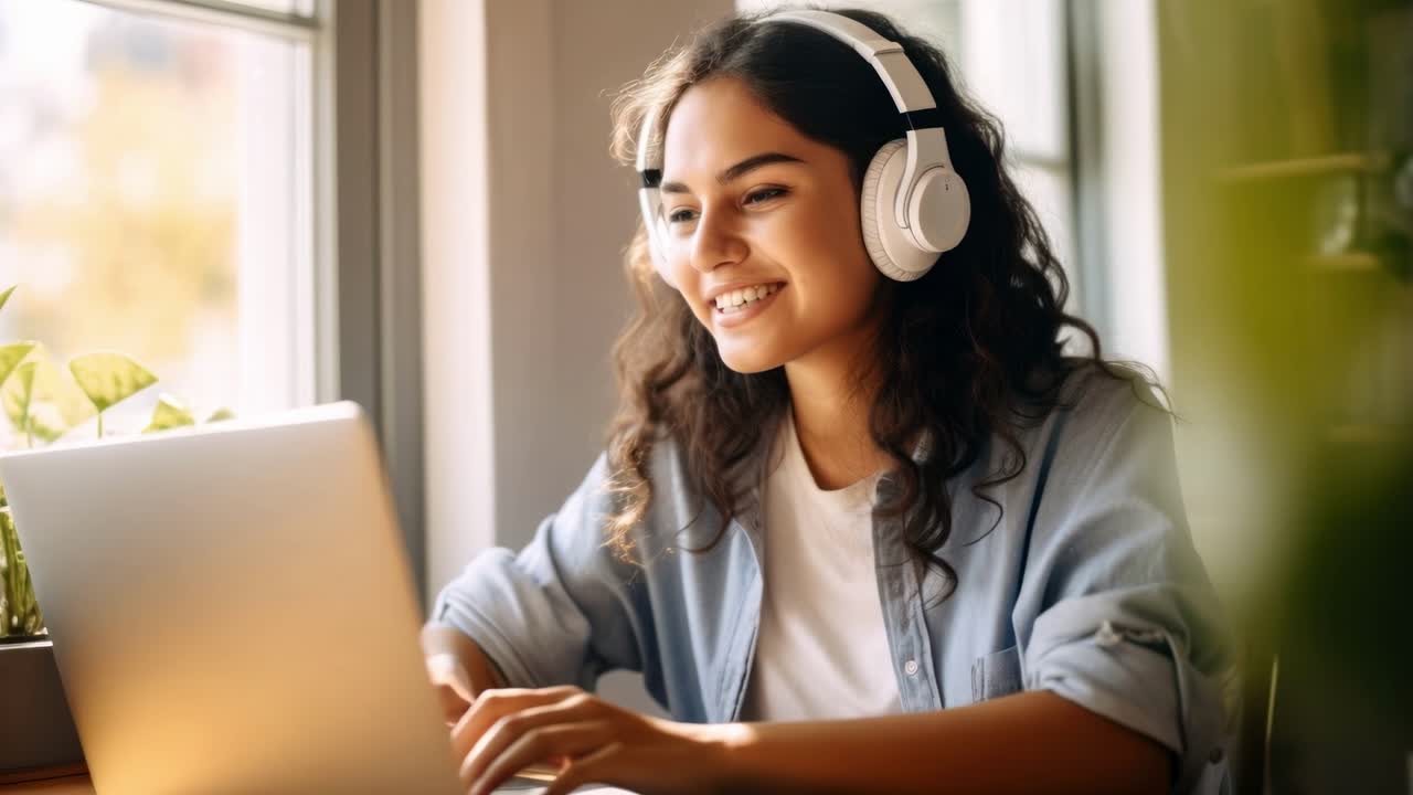 A young woman with headphones smiles at a laptop, captured from a side angle