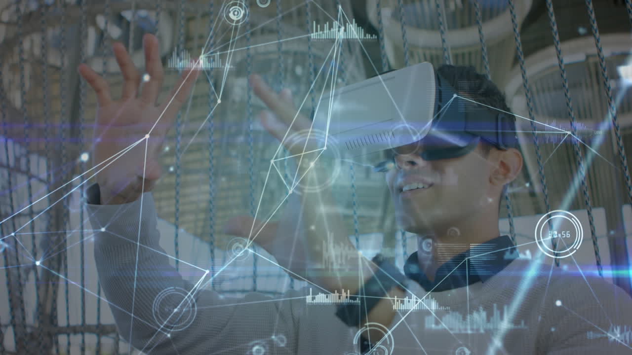 animación de la red de conexiones a través de un hombre de negocios usando auriculares vr