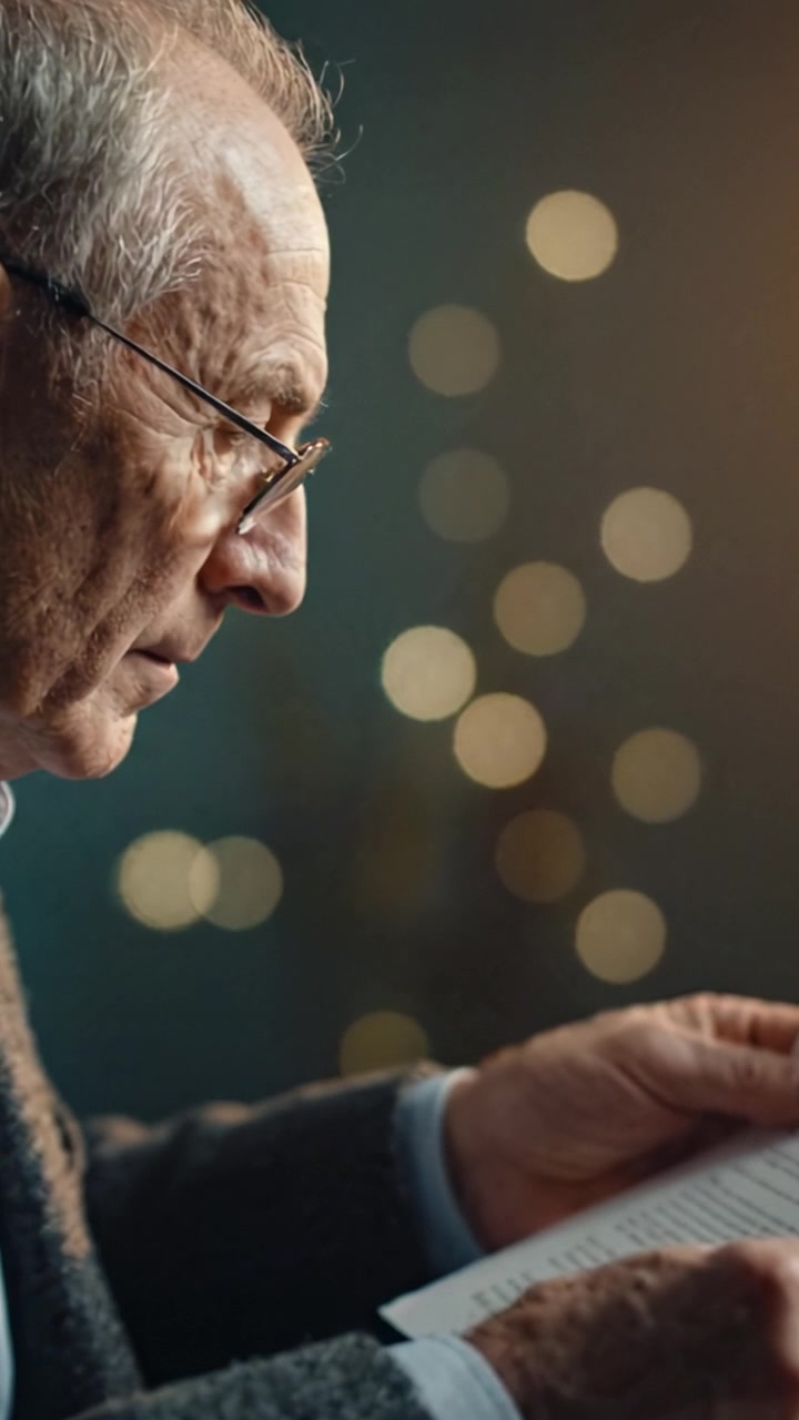 An elderly man reads a letter intently, illuminated by soft lighting that creates a warm, intimate atmosphere, reflecting deep emotions and personal connections.