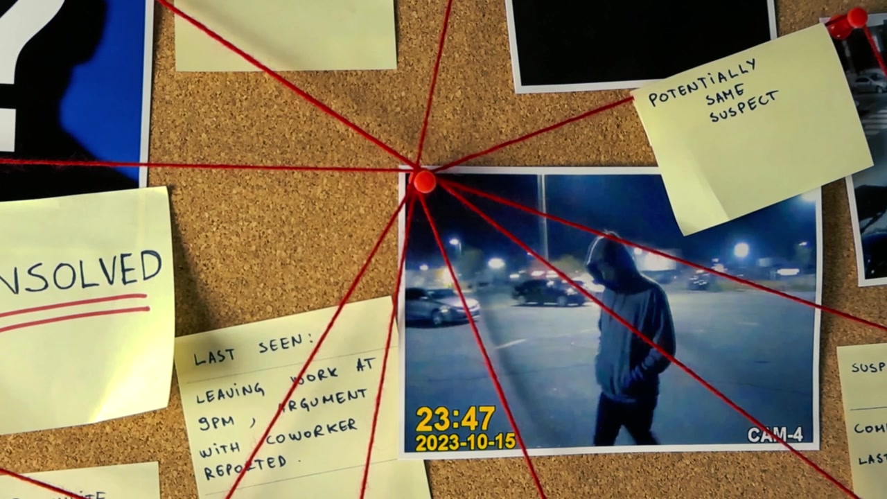 Revealing an unsolved crime investigation board with pictures of suspects, sticky notes, and red thread connecting the evidence, clues, and leads in a police detective's office