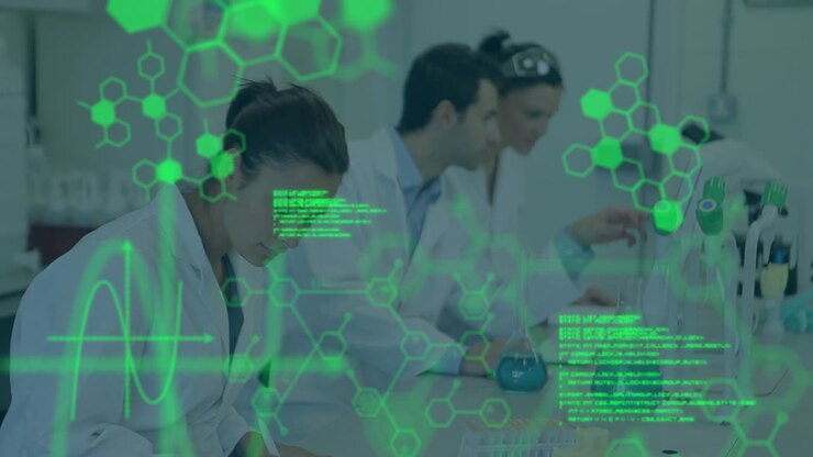 Animation of data processing and chemical formula over diverse scientists in lab