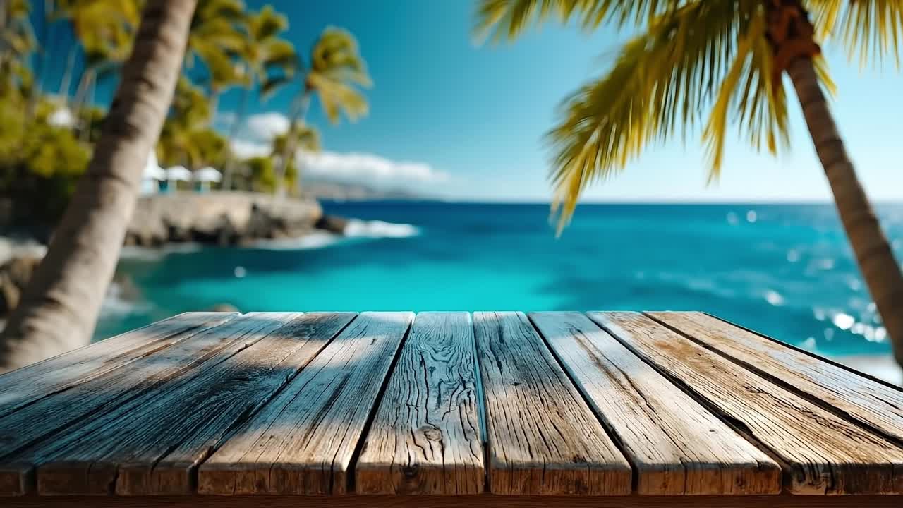 una mesa de madera con vistas al océano y las palmeras