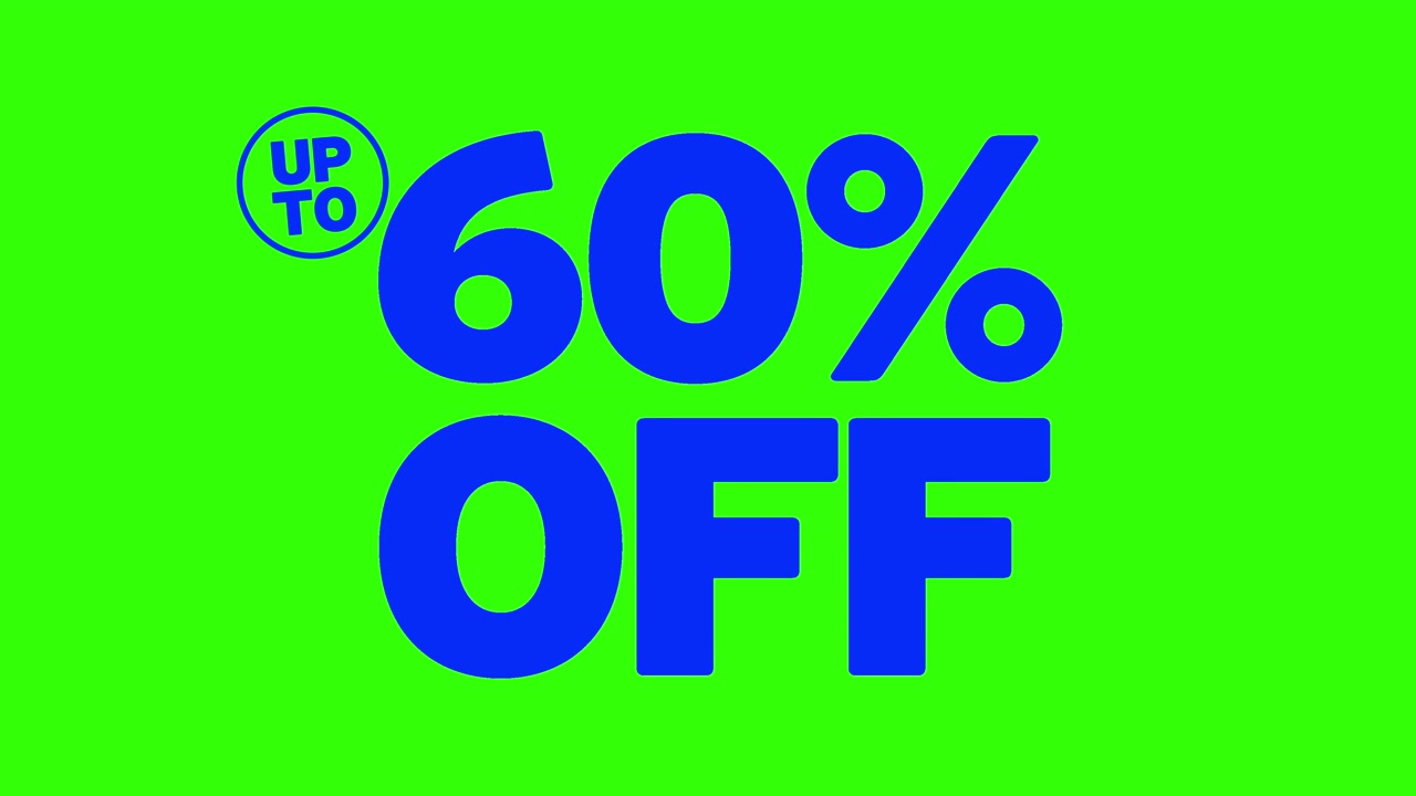 Grafis Penjualan biru "Diskon hingga 60%" yang tebal dianimasikan ke layar. 4K. Layar hijau yang dapat dikunci, serbaguna.
