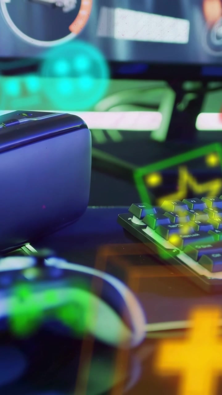 Vertical video: Camera panning right, white controller and keyboard revealing UI, showing gear
