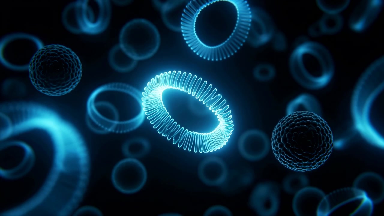 Un anello luminoso centrale si trasforma da un ampio ovale a un angolo di taglio mentre anelli blu e sfere decorate fluttuano in un ambiente nero profondo, creando una profondità luminosa a strati