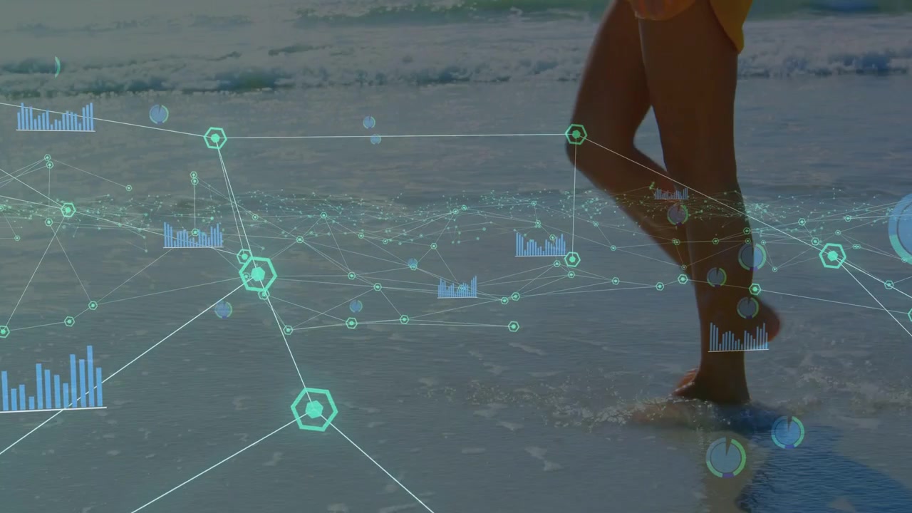 Donna che cammina sulla riva, entrando nell'acqua mentre una sovrapposizione tecnologica si muove sulle gambe e mostra grafici.