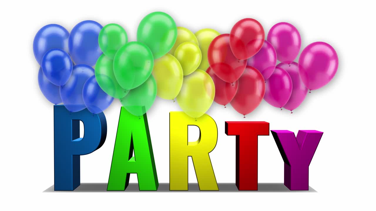 Vibrant 3D "PARTY" text animation with a bunch of colorful balloons floating behind it. High-quality seamless loop on a clean background, perfect for festive events, birthdays background