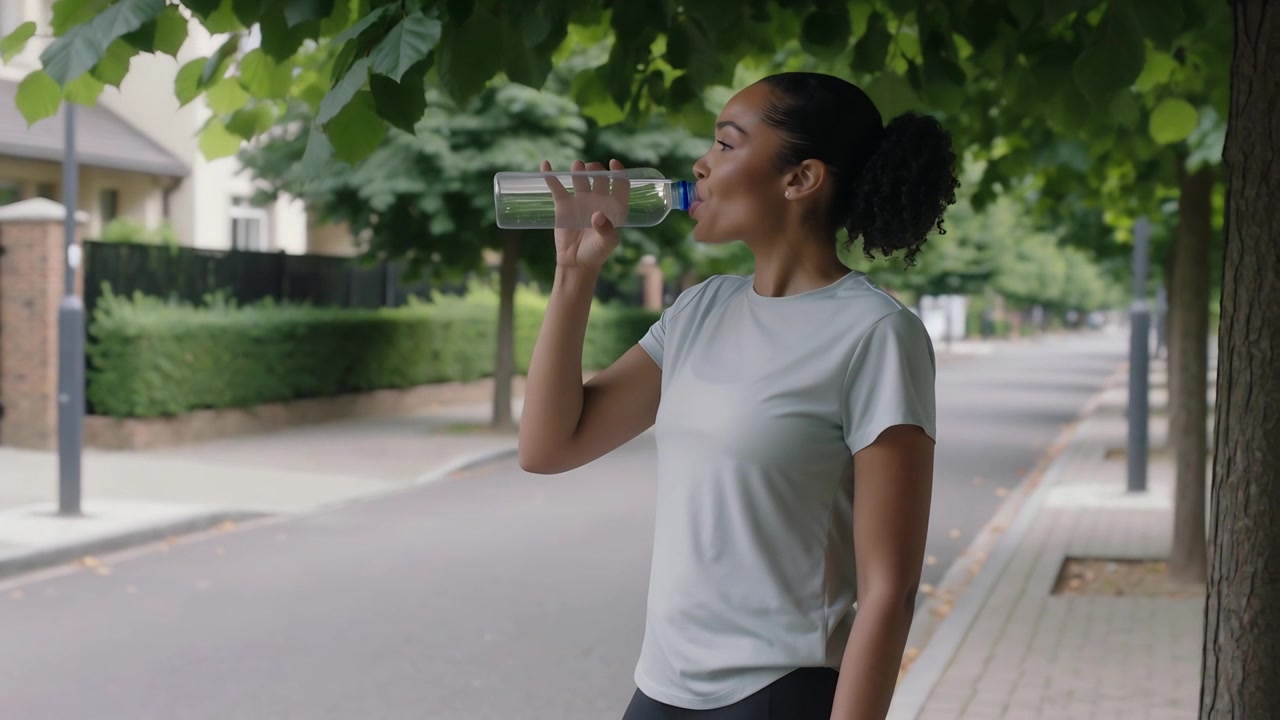 Pausing during walk, woman in gray top and leggings drinking on sidewalk with clear water bottle