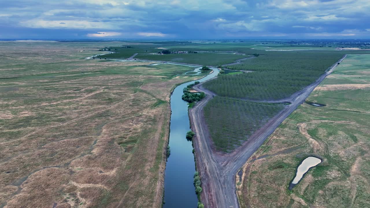 Aerial view of a canal surrounded by fields in California