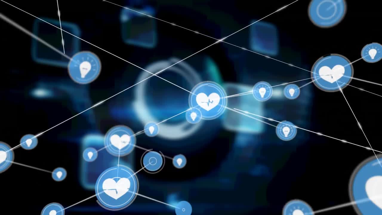 검은색 배경의 파란색 모양 위에 아이콘으로 연결 네트워크의 애니메이션