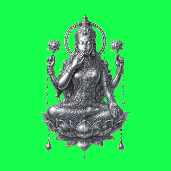 Animated Silver Statue of Goddess Lakshmi on Green Screen