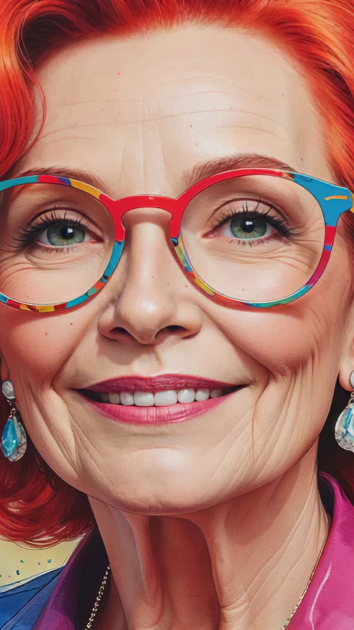 Vertical video: Zooming out revealing senior woman smiling in studio, showing red round frames