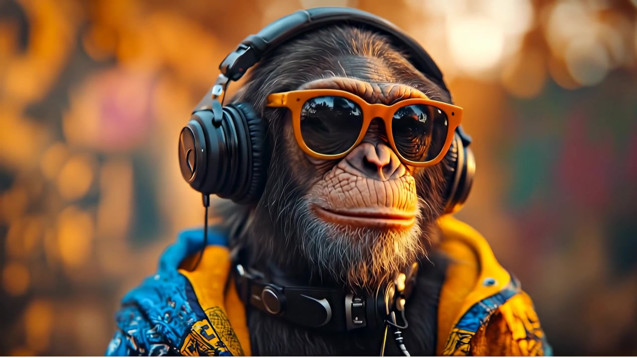 Nahaufnahme Porträt eines Schimpansen mit Kopfhörern und Sonnenbrille. Porträtaufnahme eines Schimpansen mit oranger Sonnenbrille und schwarzen Kopfhörern vor verschwommenem Hintergrund.