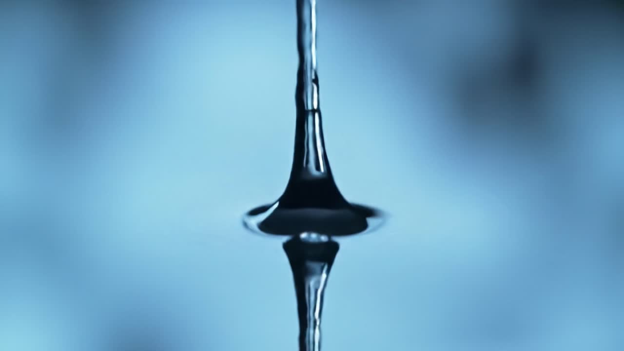 A droplet falls onto a serene water surface, sending ripples across the calm blue liquid. The moment captures the beauty of nature's simple yet intricate interactions.
