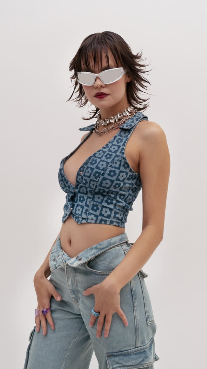 유행 의 옷 을 입은 세련 된 여자