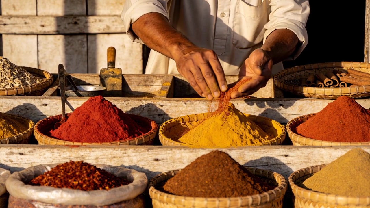 Un vendeur aux manches retroussées prélève du curcuma, façonnant des cônes d'épices à son étal à l'aide d'une pelle pour la vente.
