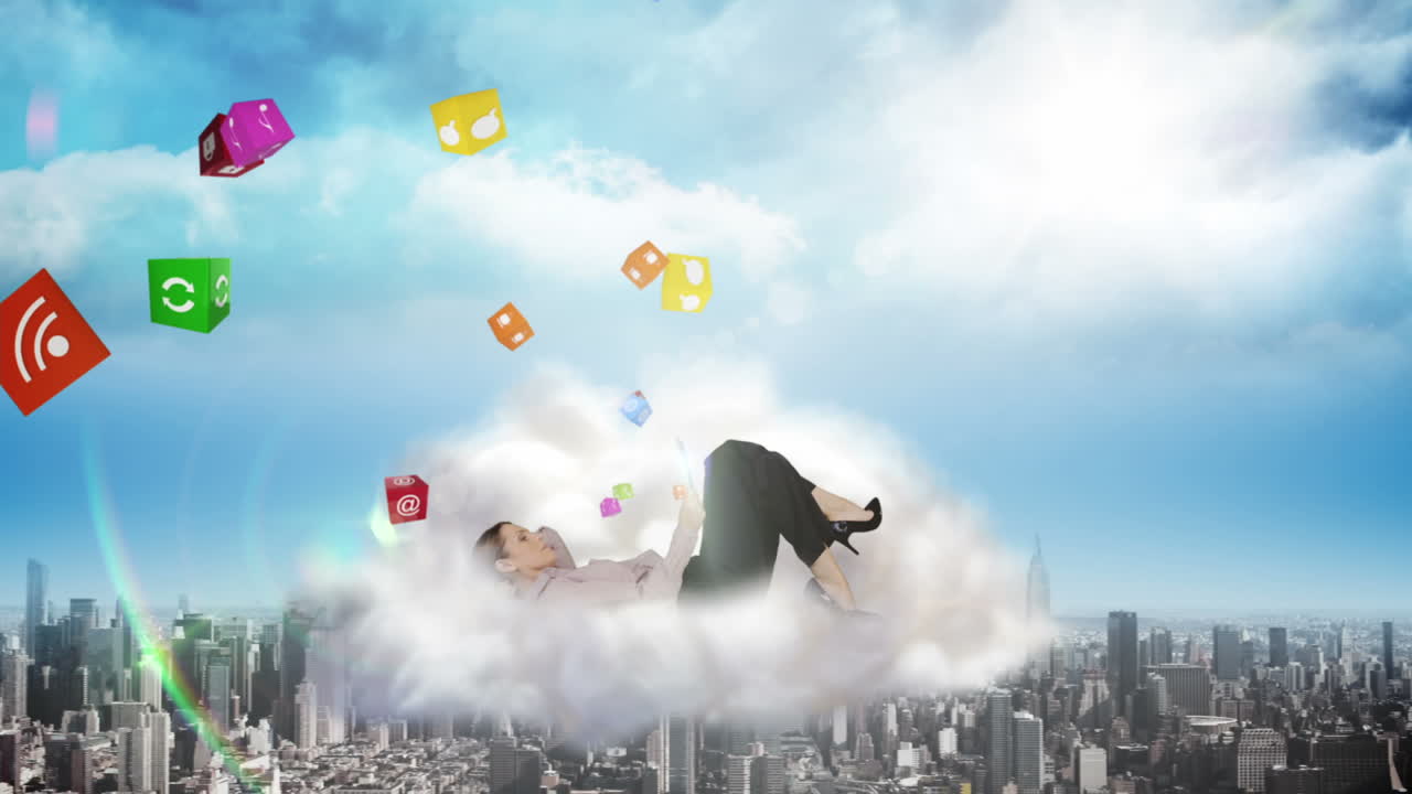 클라우드에서 태블릿 pc를 사용하는 사업가