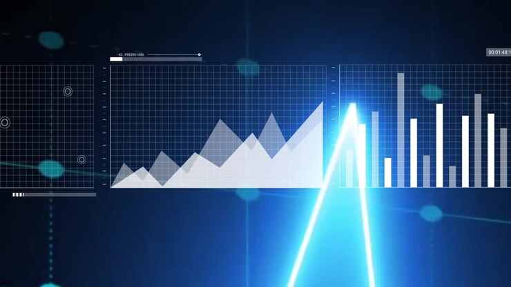 Analyzing graphical data, person using line and bar charts on digital interface