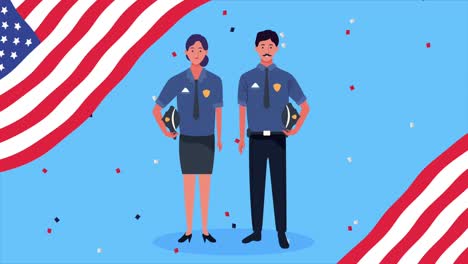 happy labor day celebration with usa flag and polices couple