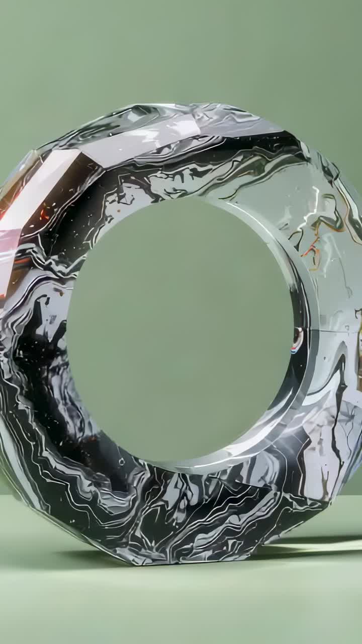 Vertical video: Rotating torus sculpture turning clockwise on green table with floating particles