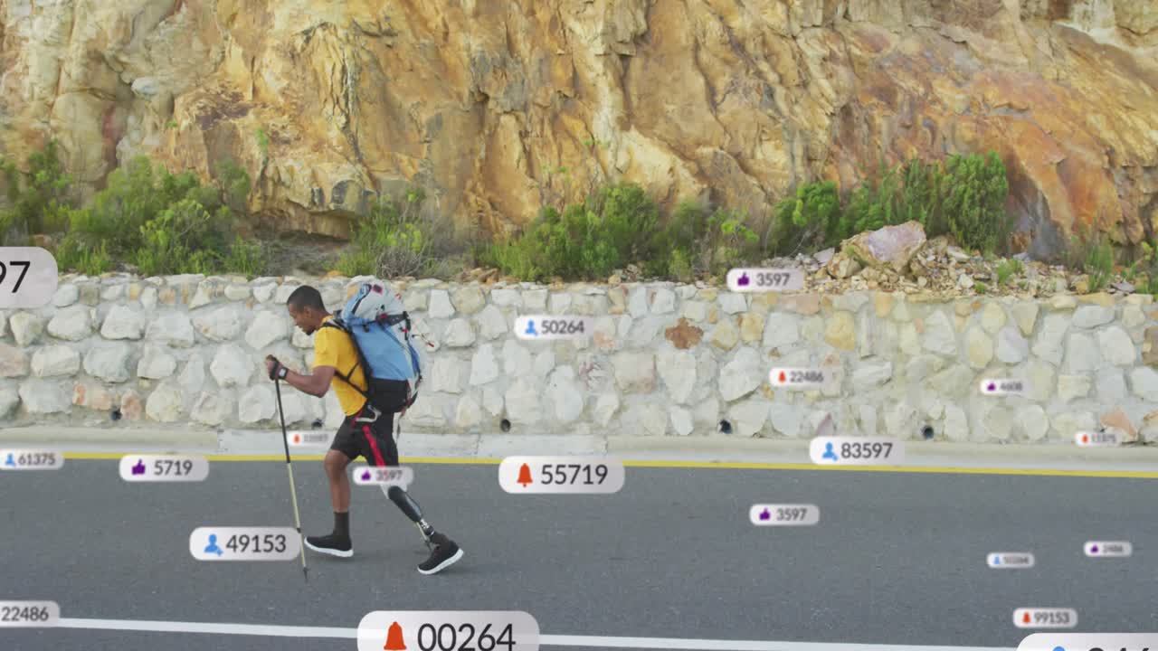 Animazione di barre di notifica, atleta afroamericano che fatica a camminare controvento su una strada.