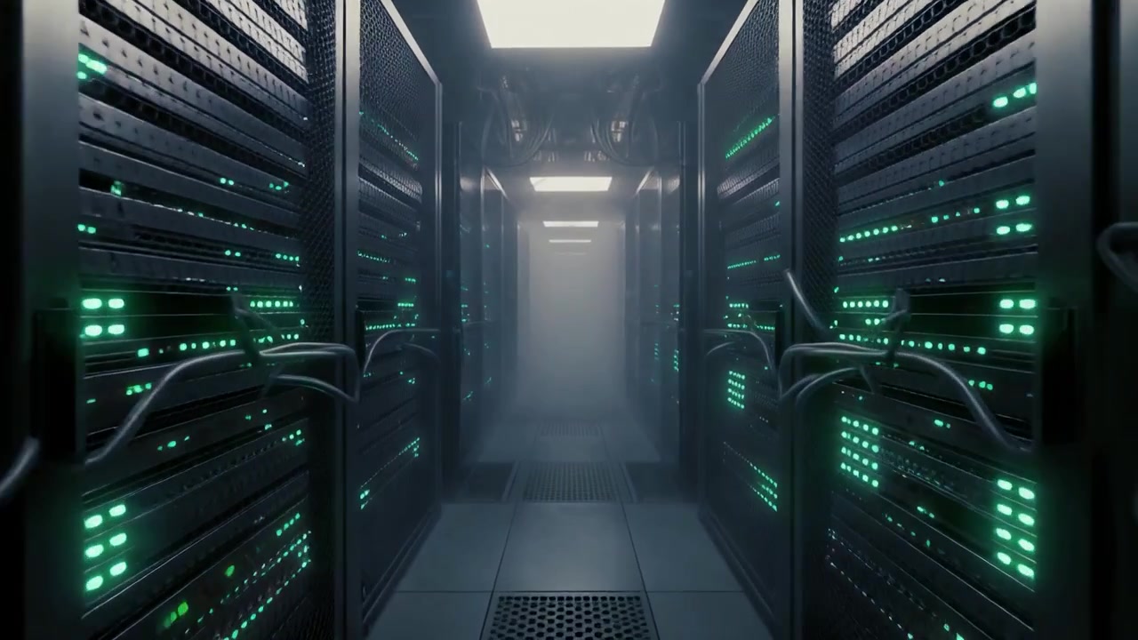 Modern Server Room with Glowing Green Lights and Fog