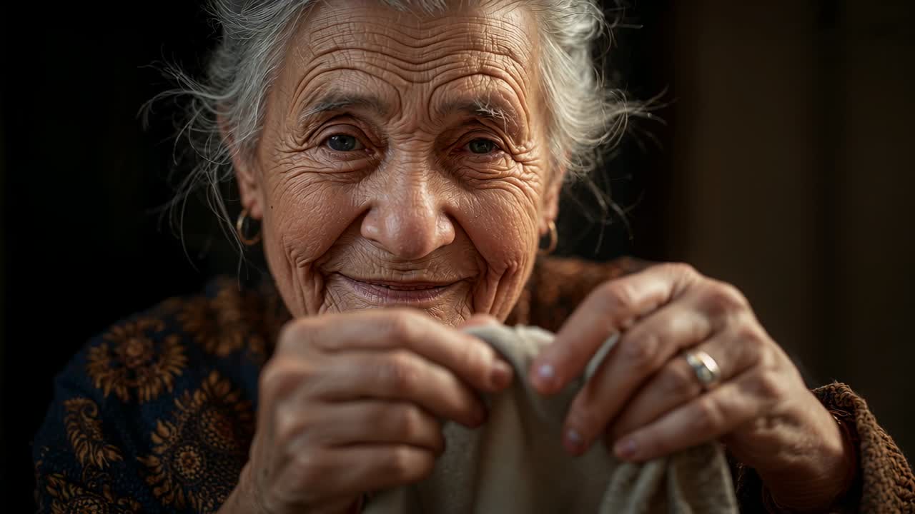 Afferrando un tessuto leggero, una donna anziana con un maglione scuro e un anello al dito si prepara per cucire in una stanza.
