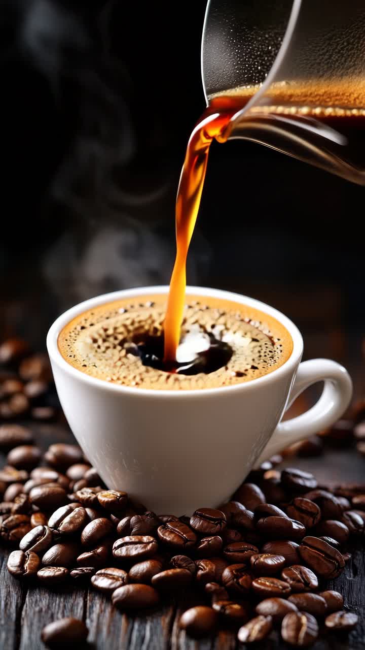 Close-up, eye-level shot of coffee being poured into a cup surrounded by beans