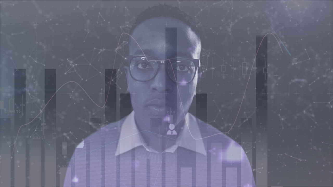 Statistical data processing over man in glasses against network of connections