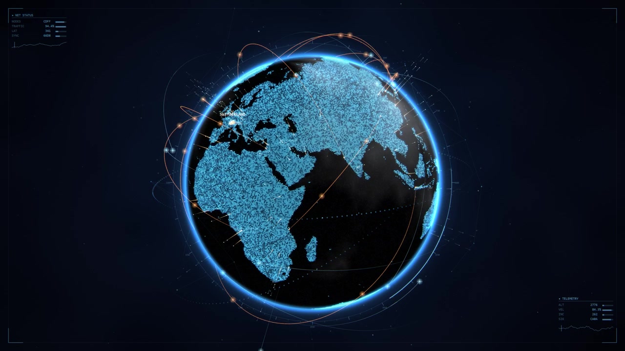 Digital globus zoomer ind for at fremhæve Schweiz fra et globalt perspektiv med telemetridata-overlay, satellitter og forbindelseslinjer omkring, loopbar animation