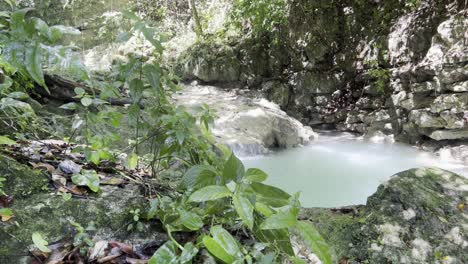 un pintoresco arroyo que fluye sobre una roca en una piscina natural turquesa en charcos de los militares, cerca de tubagua, en la provincia de puerto plata, república dominicana.