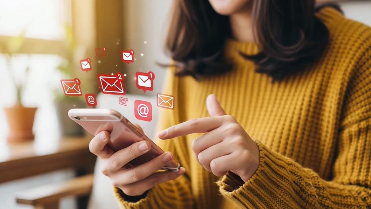 Woman in a Yellow Sweater Checking Her Email on a Smartphone