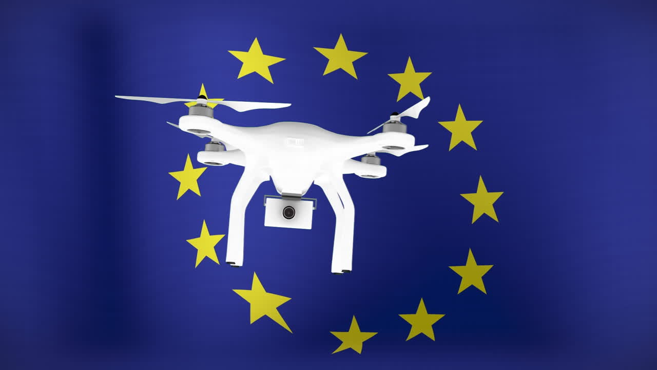 Animazione di drone che vola sulla bandiera dell'UE