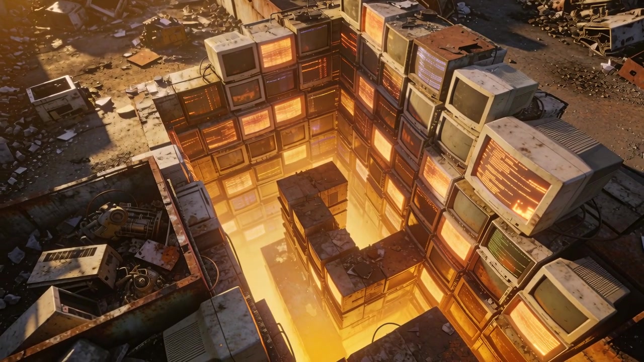 Moving camera initiating slow approach, revealing glowing CRT pit in scrapyard, capturing rust