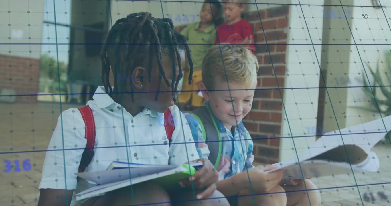 Two kids on school steps, boy flipping pages, sharing notes as faint numeric grid overlaying scene