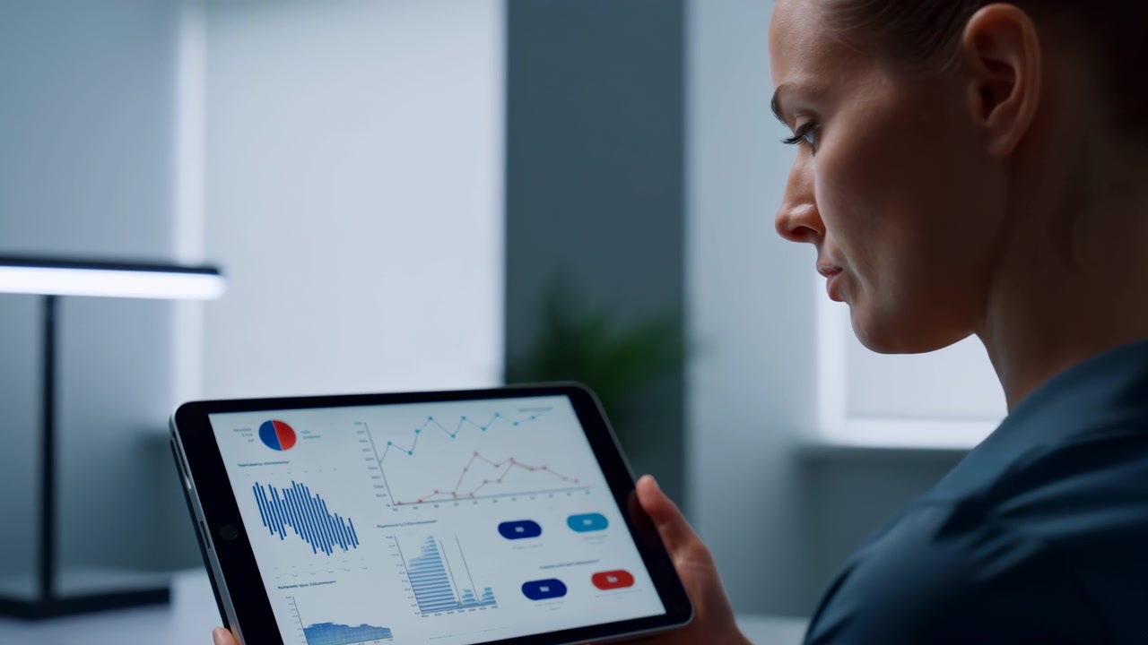 Side profile view of professional woman holding tablet near face while reviewing business charts and infographics in modern office, steady inspection with screen angled inward and supported by both