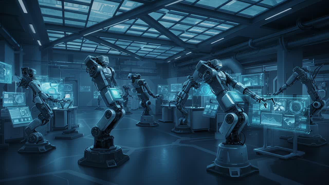 Advanced Robotics Laboratory Showcasing State-of-the-Art Robotic Arms and Human-Robot Interaction Concepts in a Futuristic Environment