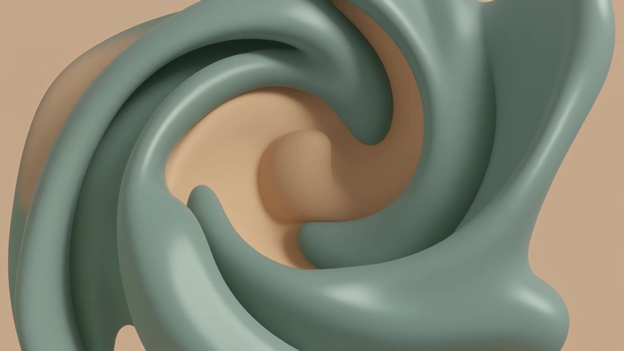 Abstract 3D Animation of Swirling Sage Green and Beige Shapes