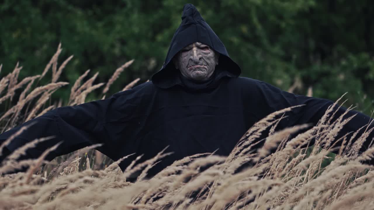 Spooky evil with horrorful face outdoors. Scary view of a black ghost appearing among ripe wheat field. Portrait of death in nature.