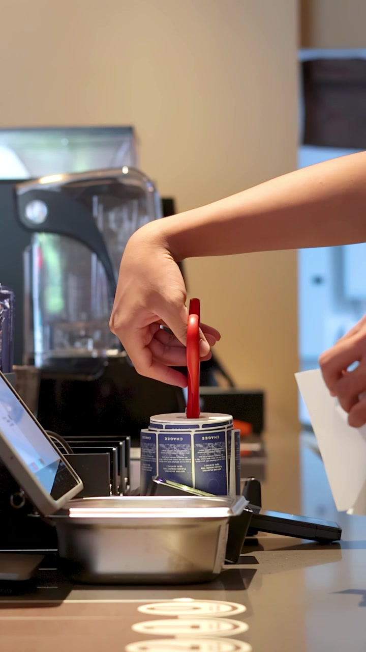 Primo piano di mani che usano forbici rosse per aprire delle forniture dietro il bancone di un caffè moderno.