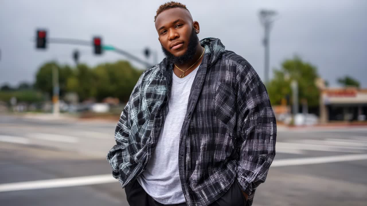 A confident individual stands at an urban intersection, showcasing a stylish plaid jacket over a casual outfit while exuding an air of self-assurance against a backdrop of traffic lights and overcast skies