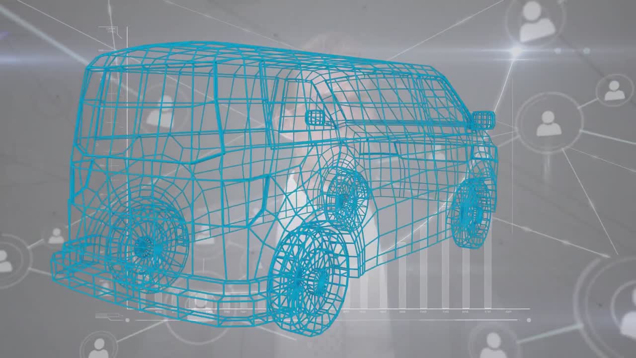 3d 자동차 모델 위의 연결 네트워크와 아이콘의 애니메이션