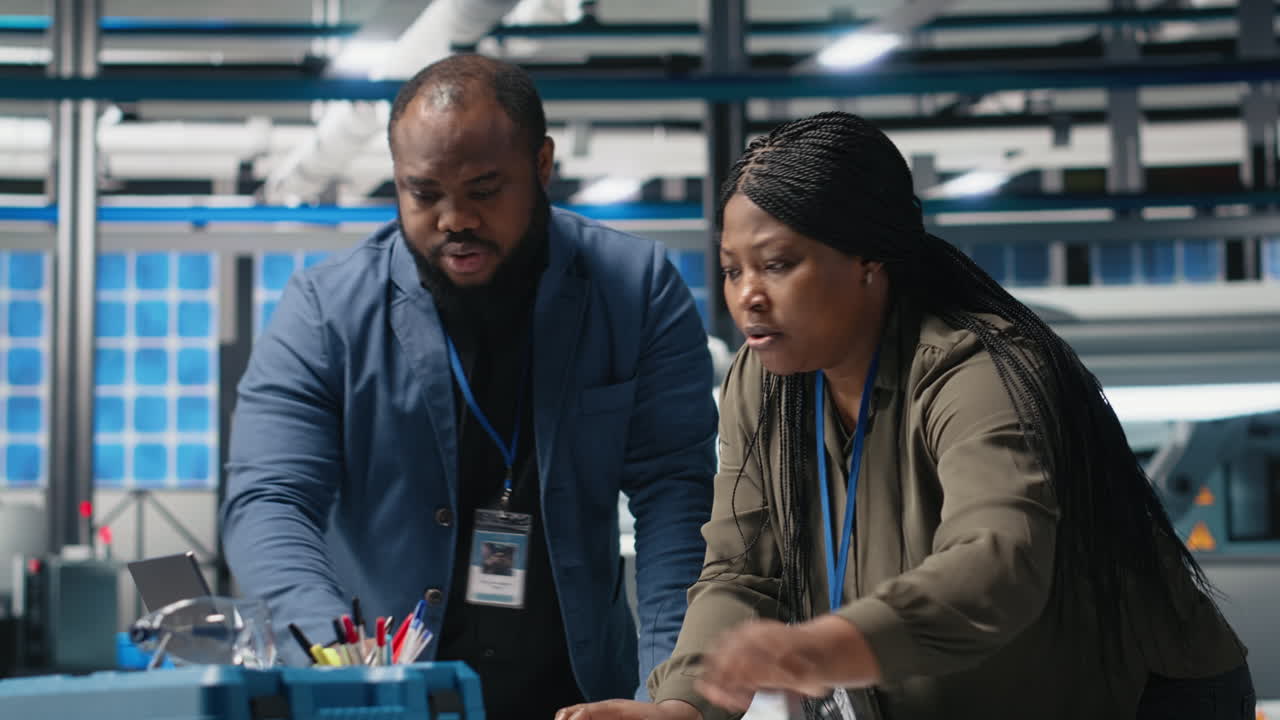 Engineers collaborating on documents in factory