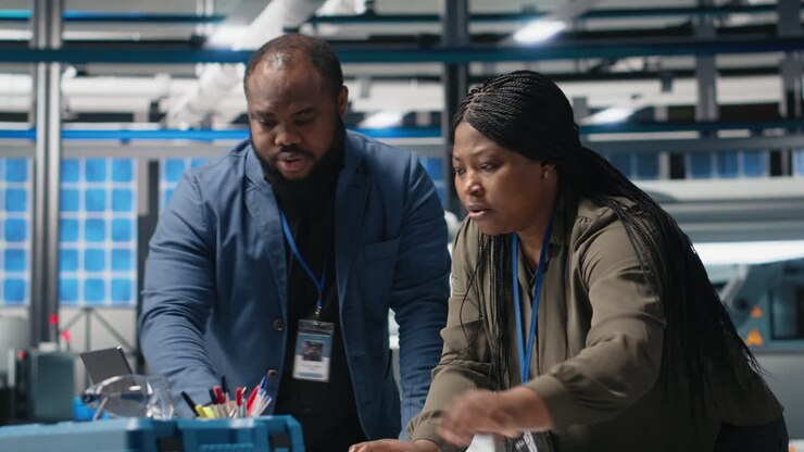 Engineers collaborating on documents in factory