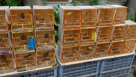 Assorted-bird-cages-for-sale-near-the-Yuen-Po-Bird-Garden-in-Mongkok,-Kowloon,-Hong-Kong