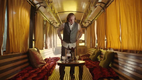vintage train car interior with gentleman