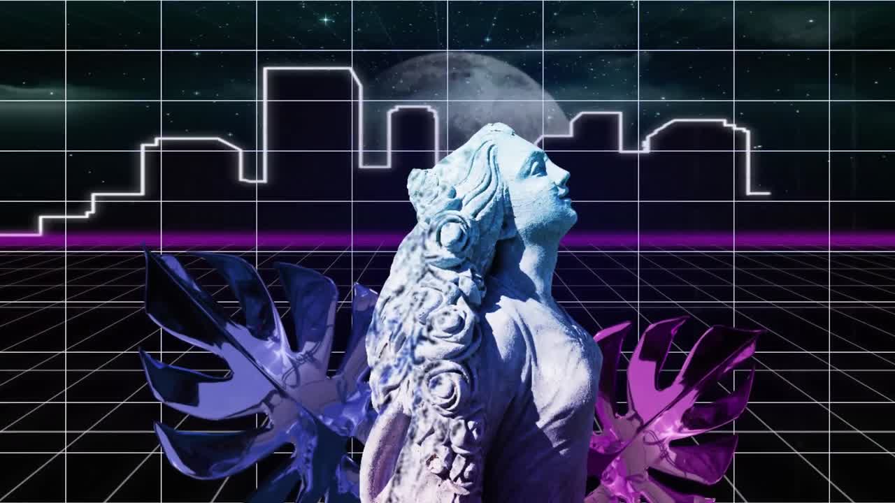 Animation of sculpture with interference over lines and cityscape with moon on black background