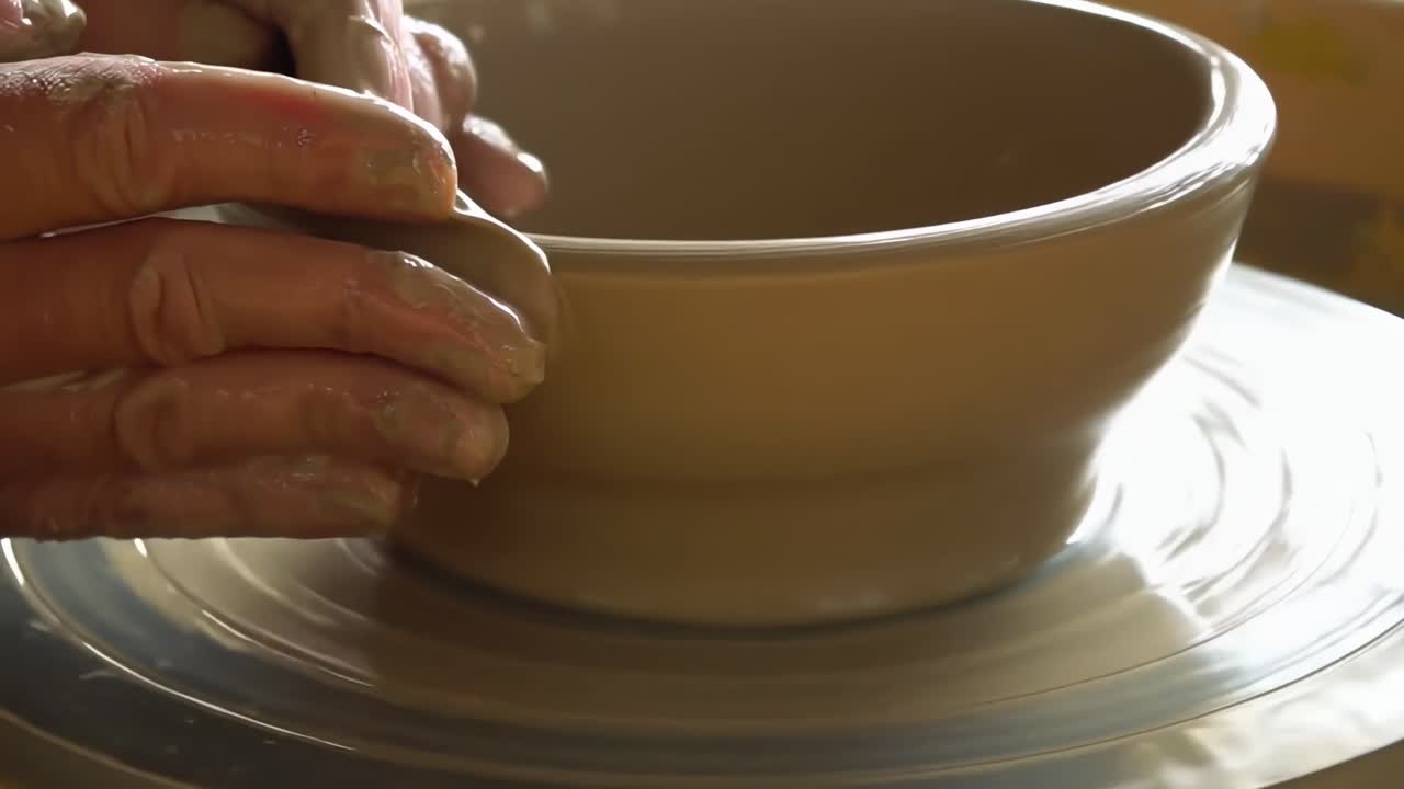 Close-up video of hands shaping clay on a pottery wheel, capturing artistic creation