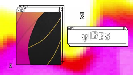 animation of vibes text, hourglass and computer interface over abstract background